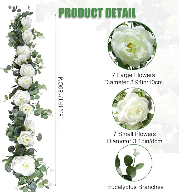 6FT Artificial Eucalyptus Garland with 14 Fake White Rose Flowers - Floral Greenery Decoration Vine for Wedding Centerpieces, Table Runner, Backdrop, Arch Wall Decor,Indoor/Outdoor (1 PCS)