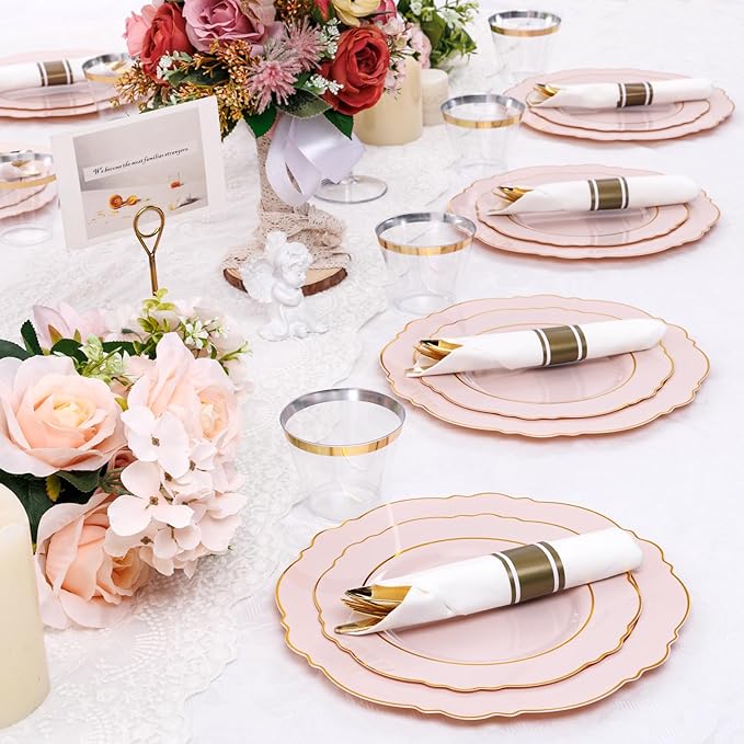 Liacere 350PCS Pink Plates Disposable - Pink and Gold Plates 50guest Baroque Plastic Dinnerware include 100Plates, 50Pack Pre Rolled Napkins with Silverware 50Cups Perfect for Wedding＆Mother's Day