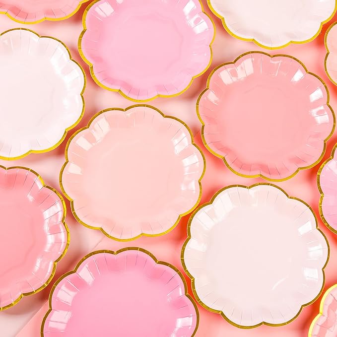 Pink Party Plates Gradient Pink Dessert Paper Plates 7inch Gold Foil Scalloped Edge Disposable Cake Plates for Tea Party Birthday Bridal Baby Shower Wedding Party Supplies (24)