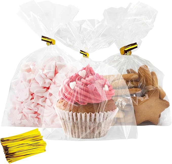 Cidenbio 100 PCS Cellophane Treat Bags, 5x7 In Clear Cellophane Gift Bags with Twist Ties Plastic Goodie Bag for Party Favor Cookie Candy Popcorn Bakery Chocolate Gift Wrapping