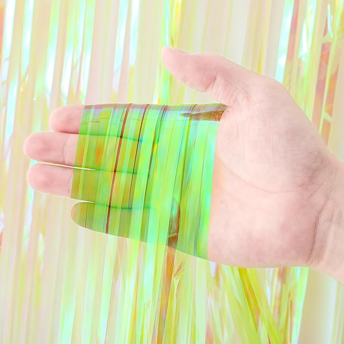 2 Pack Green Iridescent Tinsel Foil Fringe Curtains, Neon Party Decorations, Metallic Tinsel Party Streamers Backdrop for Birthday Baby Shower Halloween Wedding Party Decorations