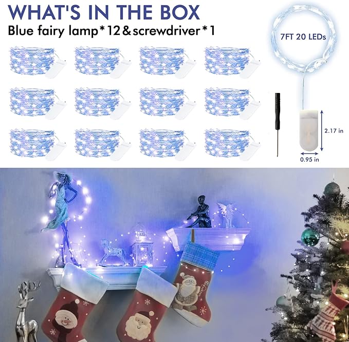 12 Pack Fairy Lights Battery Operated String Lights，7FT 20LED Waterproof Silver Wire Christmas Lights Outdoor,Firefly Mini Lights for Bedroom Party Birthday Wedding Home Decor