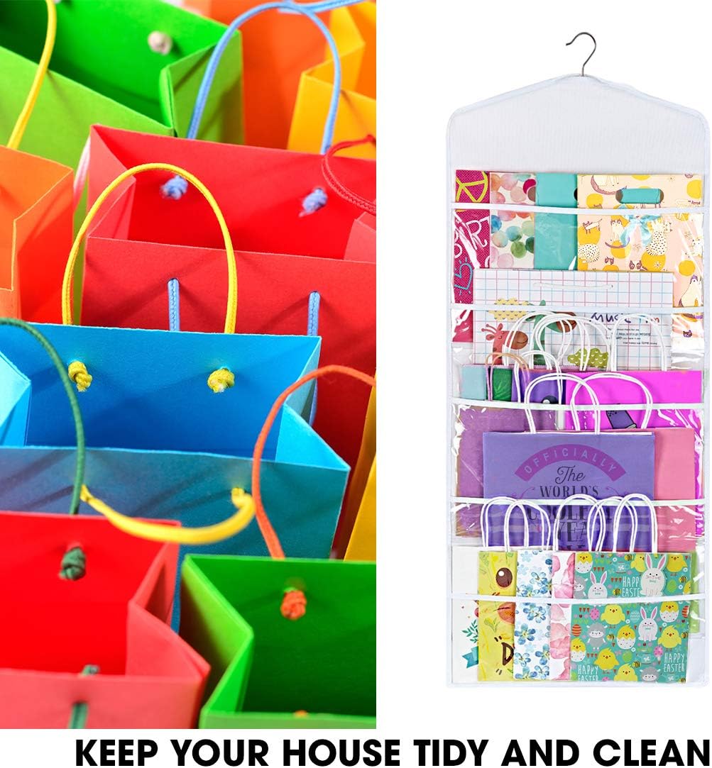 Gift Bag and Tissue Paper Storage, Hanging Organizer with Multiple Front and Back Pockets Double Sided, Organize Gift Wrap and Paper Bags 38 x 16 Inch (White)