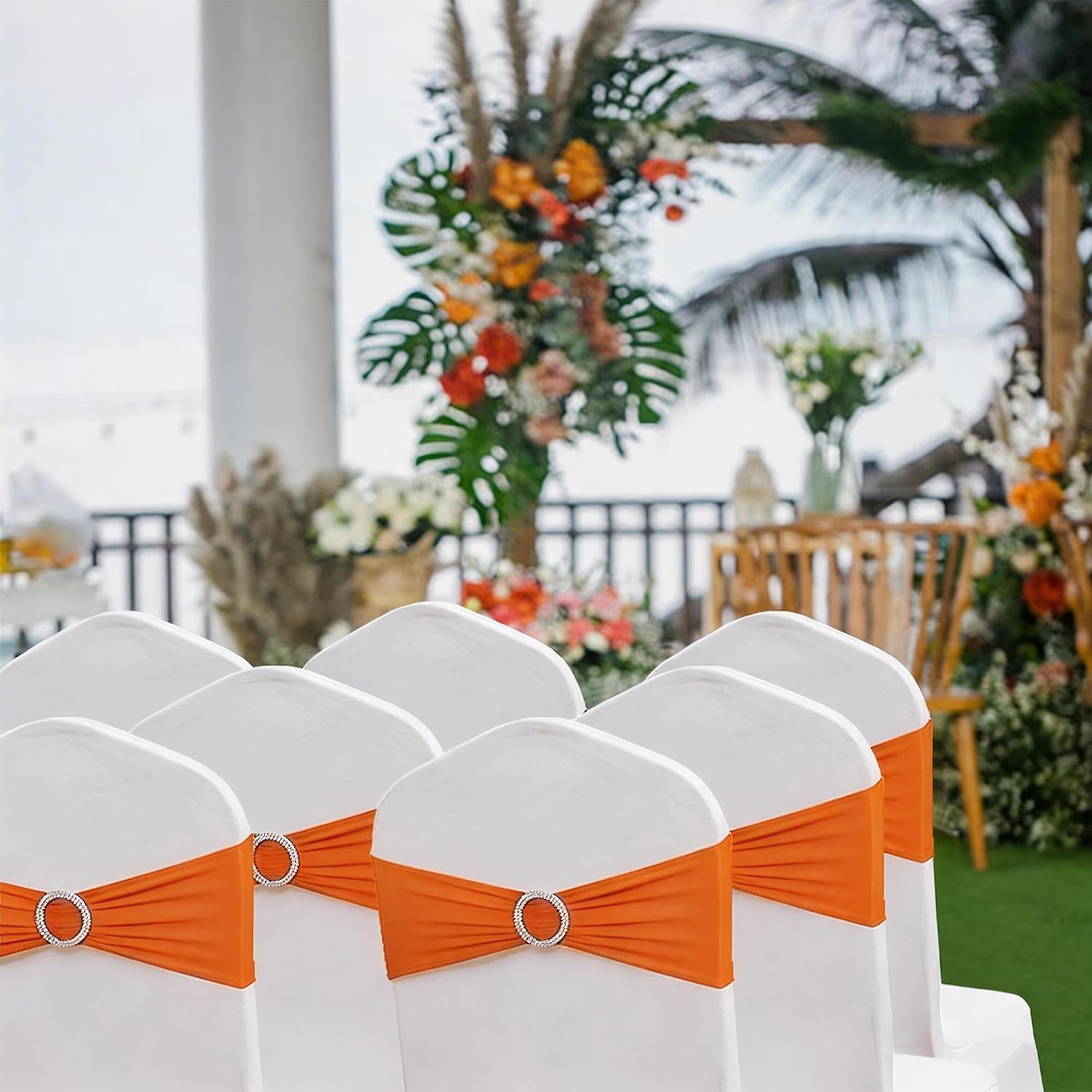 50 Pack Spandex Orange Chair Sashes for Wedding Stretch Chairs Bows Bands with Slider Buckles for Party Birthday Feast Banquet Restaurant Halloween Christmas Events Decorations