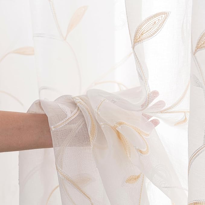 VISIONTEX White Sheer Voile Curtains, Decorative Leaves Embroidery Faux Linen Rod Pocket Window Drapes for Home Kitchen, Living Room and Bedroom 26 x 36 Inch, Set of 2 Curtain Panels