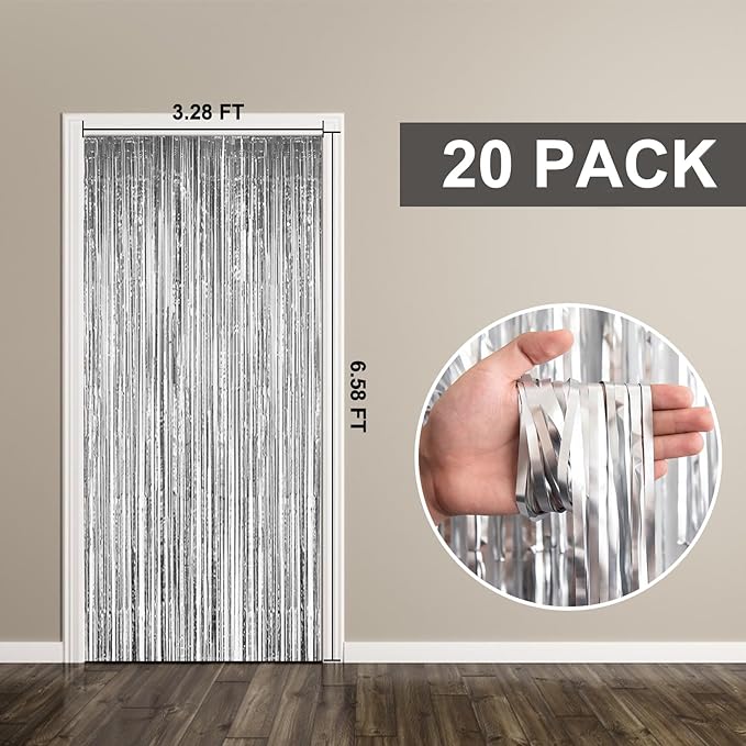 20 Pack Foil Curtain Backdrop Silver Metallic Tinsel Foil Fringe Curtains Photo Booth Props for Birthday Wedding Engagement Baby Shower Bachelorette Christmas Holiday Celebration Party Decorations