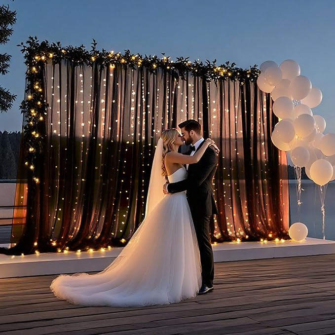 Ledido 10×8ft Tulle Backdrop Curtains with Lights String - 300LED Fairy Lights Sheer Curtain Backdrop for Weddings Baby Shower and Birthday Party Decorations(8 Panels 5×8ft)