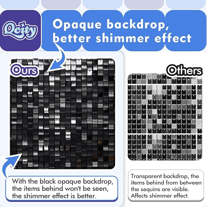 Qcity Black Shimmer Wall Backdrop 24PCS, Black Back Not See-Through Design, Square Sequin Glitter Backdrop Panel, Perfect for Outdoor Events, Birthdays, Wedding and Party Decoration