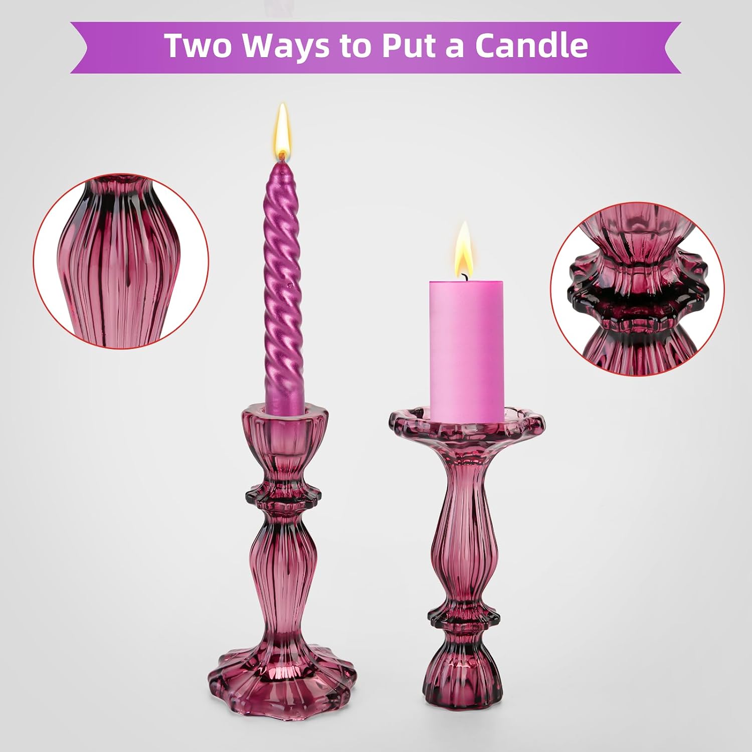 Glass Candle Holders, 2PCS Wide Base Candlestick Holder Decorative Candle Stand Table Centerpieces for Halloween Christmas Wedding Birthday Party, Dark Purple