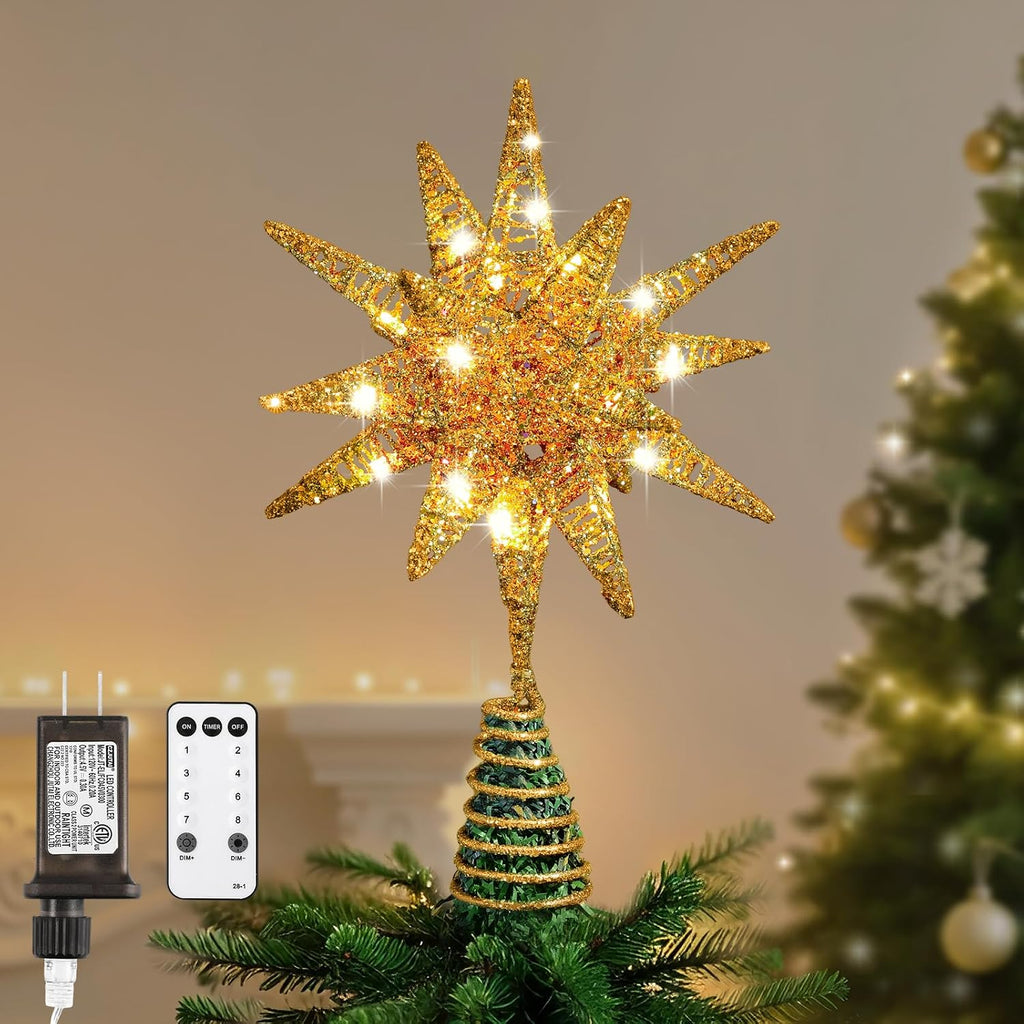 Lewondr Christmas Tree Topper, Plug in 3D Starburst Xmas Lighted Star Tree Topper, Remote Control & Timer Light Up Vintage Moravian Tree Topper for Christmas Decoraiton, Warm Light, Gold