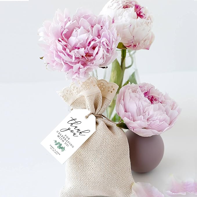 Andaz Press 100-Pack Personalized Thank You for Celebrating with Us Wedding Favor Tags with Bakers Twine Minimal Eucalyptus Leaf Custom Cardstock Wedding Gift Tags for Party Favors 2 x 3.75-Inches