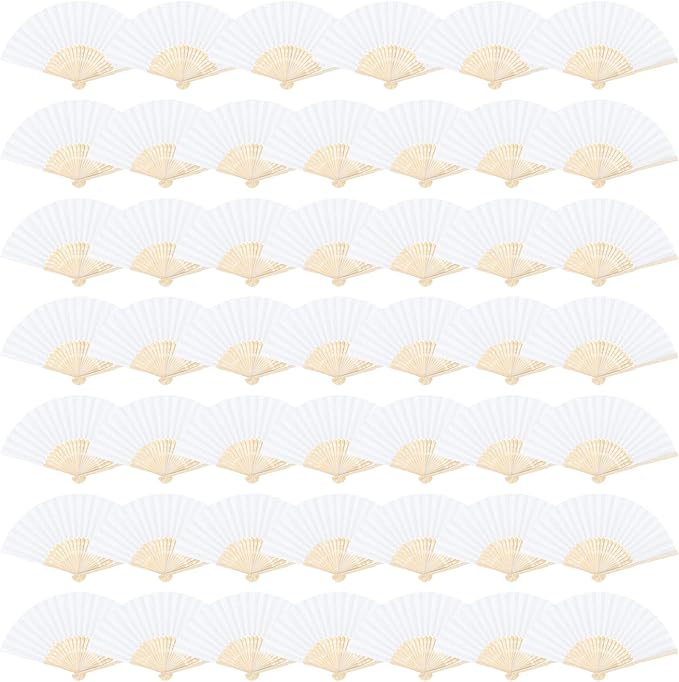 Aneco 48 Pieces Handheld Paper Fans Paper Folding Fans with Bamboos for Wedding Gift, Party, Home, DIY, White