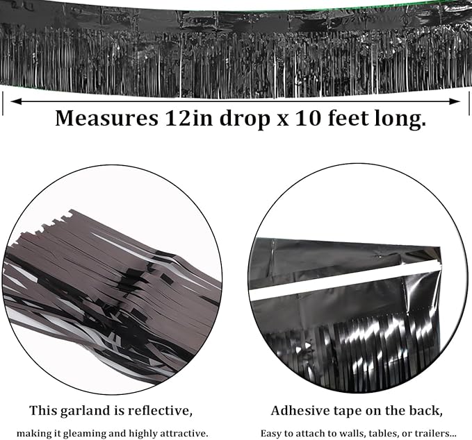 6 Pack Black Total 60 Feet Foil Fringe Garland Metallic Tinsel Banner Wall Hanging Drapes Parade Float Skirting Decorations for Trailer Mardi Gras Party Birthday Wedding (Black)