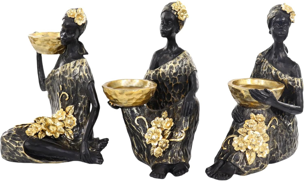 Lescafita African Lady Candle Holder Set of 3 – Resin Figurines with Gold Bowls for Tea Light or Small Pillar Candles – Decorative African Women Statues for Home, Shelf, or Table Centerpiece