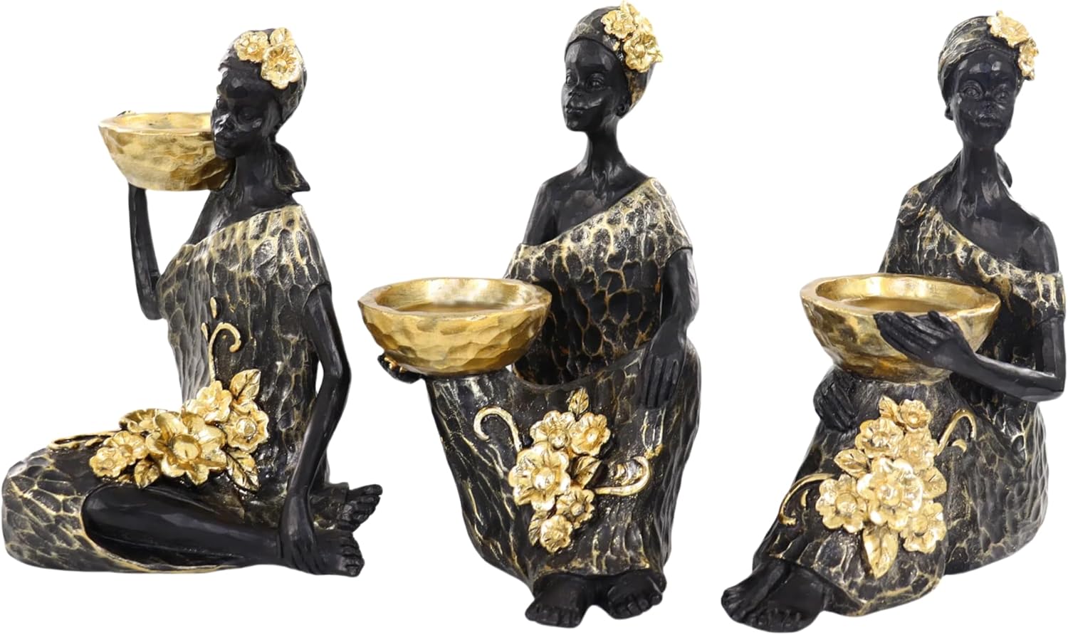 Lescafita African Lady Candle Holder Set of 3 – Resin Figurines with Gold Bowls for Tea Light or Small Pillar Candles – Decorative African Women Statues for Home, Shelf, or Table Centerpiece