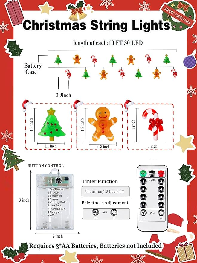 Christmas String Lights Decoration, 10ft 30LED Christmas Tree Gingerbread Man Candy Cane Fairy Lights Battery Operated with Remote, 8 Modes & Timer, Twinkle Light for Home Party Indoor Outdoor Decor