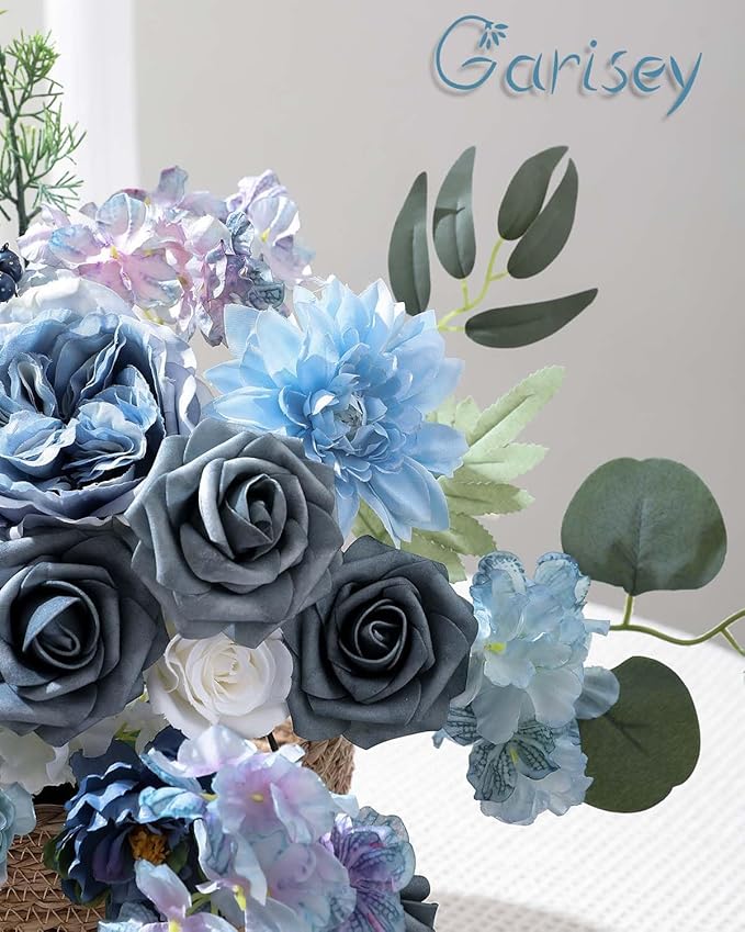 Artificial Flowers Combo Box Set Dusty Blue Flowers for DIY Wedding Bouquet Arrangements Bridal Shower Party Home Decorations(White Blue Rose)