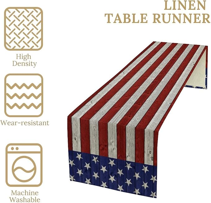 American Flag Table Runner, 4th of July USA Rustic Vintage Wooden Blue Red Stars Stripes Print Table Runner for Farmhouse Kitchen Dining Table Decor, 13x70inch