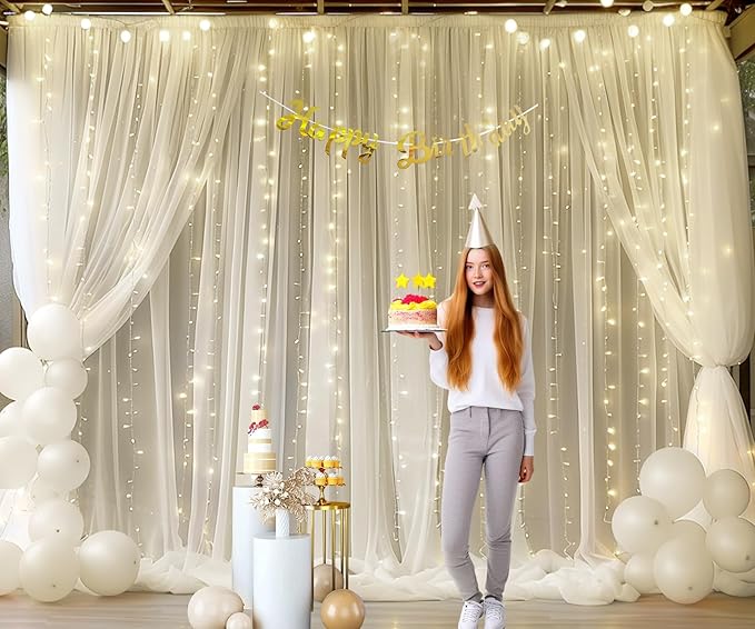 Ivory Sheer Backdrop Curtains with Lights String for Parites Wedding 10×8ft Tulle Backdrop Curtains for Baby Shower Birthday Party Photo Shoot Background Decorations