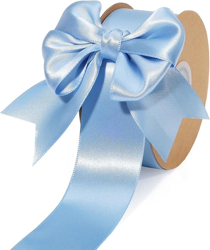 LaRibbons Light Blue Satin Ribbon 1 1/2 Inch 50 Yards Thin Luxury Double Faced Sky Blue Silk Ribbon for Flower Bouquet Crafts Gift Wrapping Wedding Babyshower Decoration