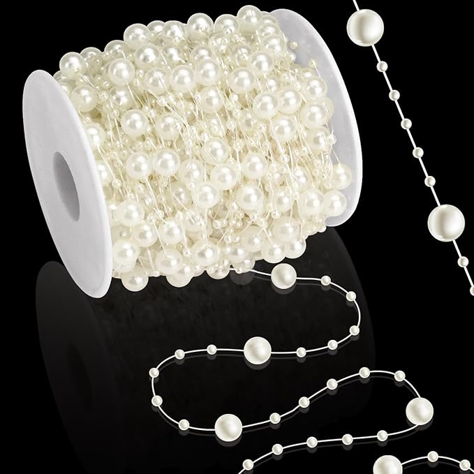 99 Feet Fishing Line Artifical Pearl Strings for Crafting, Faux Pearl Garland Strands for Floating Candle Vases Filler Wedding Centerpiece Bouquet Christmas Tree Party Decoration, Ivory