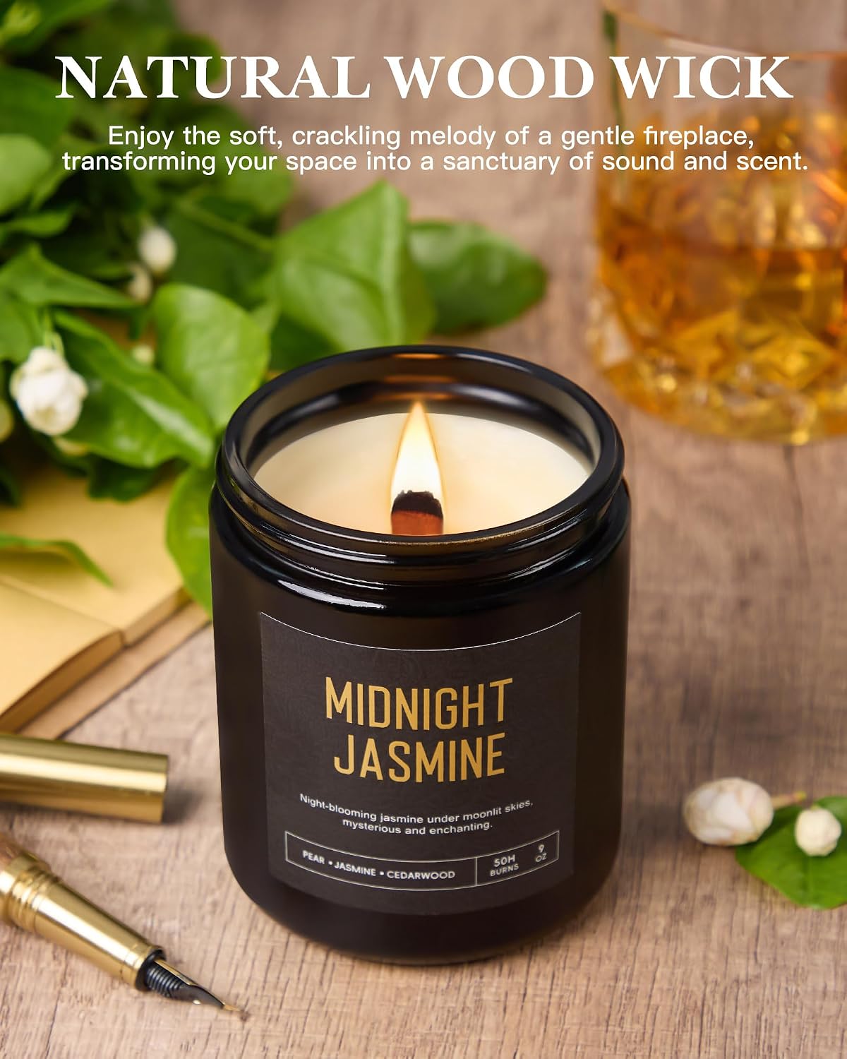 Men's Scented Candles Gift Set, 4 Jar Wood Wick Soy Wax Candles for Home | 200 Hour Burn, Mahogany & Teakwood, Smoke & Vanilla, Midnight Jasmine, Sandalwood Oud Scented Candle, Gifts for Men