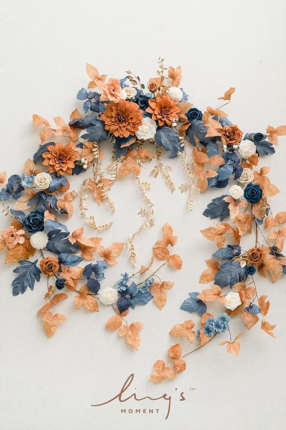Ling's Moment 9FT Eucalyptus & Willow Leaf Garland with White Flower, Handcrafted Wedding Sweetheart Table Centerpieces Head Table Decor Arch Backdrop Decorations for Wedding | Burnt Orange & Denim
