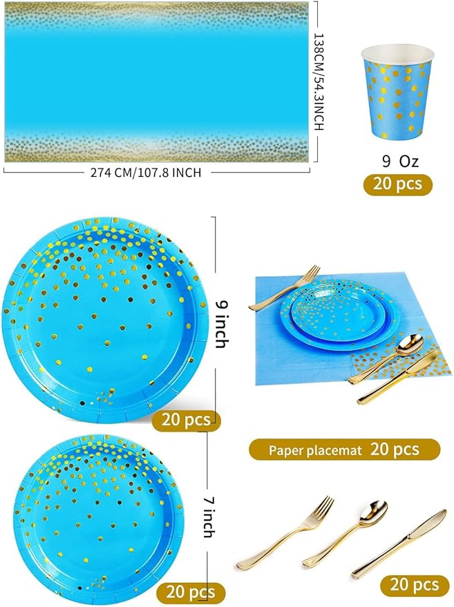 141 Pieces Sky Blue Gold Party Supplies, Party Dinnerware Sets Include Paper Plates Napkins Cups Silverware, for Wedding Bridal Shower Engagement Birthday Parties Decoration -20 Serves