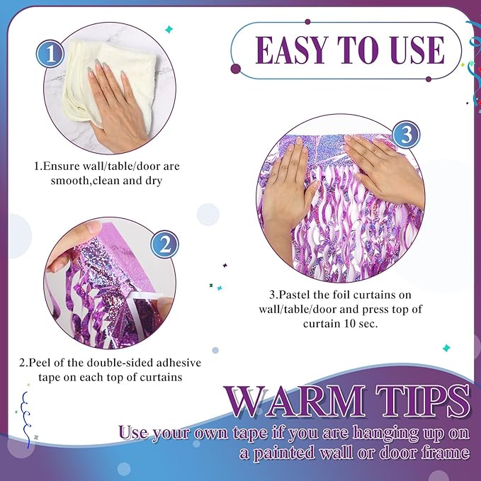 Jutom 6 Pieces 3.3 x 6.6 ft Wavy Tinsel Foil Fringe Curtains Foil Fringe Streamer Backdrop Party Curtain for Sea Mermaid Baby Shower Birthday Party Decoration(Light Purple)