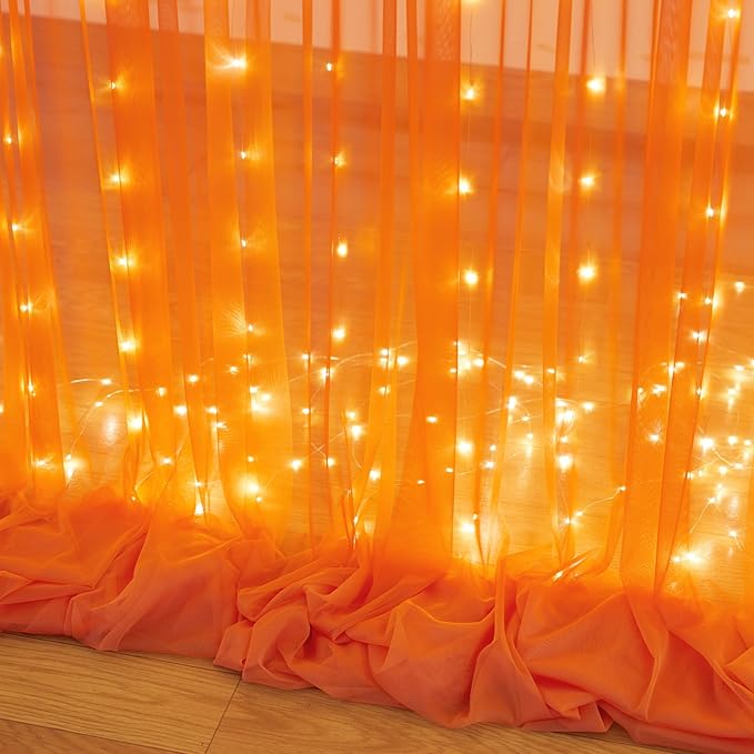Orange Tulle Backdrop Curtain with Lights String for Parites 10x8ft Sheer Backdrop Curtains Drapes for Birthday Party Baby Shower Wedding Ceremony Prom Halloween Photo Booth Background Decorations