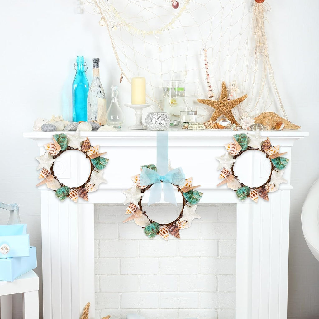6 Pcs Summer Seashell Mini Starfish Wreath with Ribbon Beach Pillar Candle Holder Natural Shell Hanging Wreath for Front Door Ocean Cruise Wedding Parade Window Fireplace
