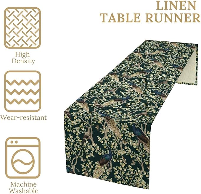 Peacock Table Runner,Retro Floral Plants Peacock Table Runner for Home Kitchen Dining Party Indoor Outdoor Decoration 13x90 Inch