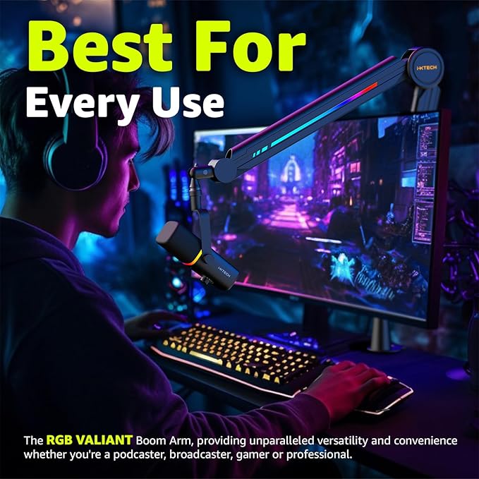 IXTECH RGB Mic Boom Arm High Profile, Overhead Boom Arm Microphone Stand Desk Mount, Adjustable Microphone Stand with Desk Mount, Mic Arm for Live Streaming Gaming Podcasting Recording.