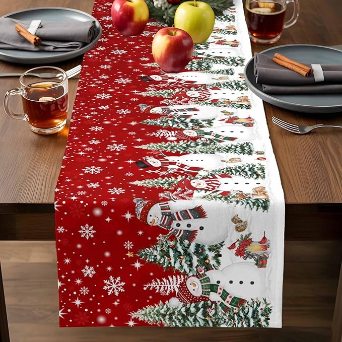 Christmas Snowman Cotton Linen Table Runner for Dining Kitchen, Xmas Tree White Snowflakes Winter Wedding Outdoor Party Tablerunners Decoration, Dresser Scarf Coffee Tablecloth Runners 13x60 Inches