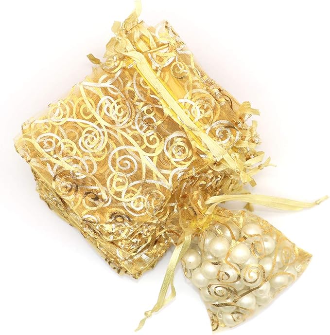 Staruby Organza Gift Bag 100Pcs Gold Sheer Organza Bag Mesh Favor Bags Drawstring Jewelry Rattan Printed Gift Pouches for Wedding Party Favors Couple Shower Christmas Gifts Candy Bags (3x4 Inches)