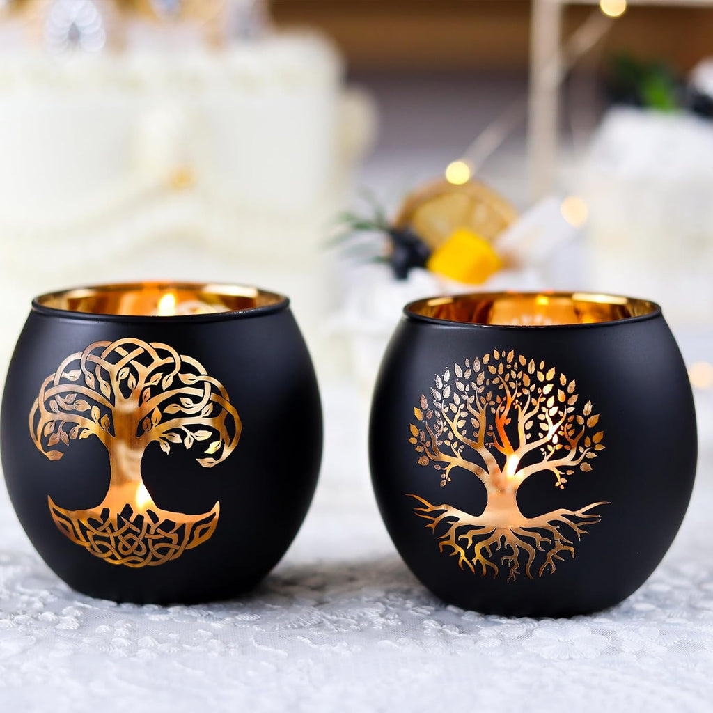 SHMILMH Black Gold Votive Candle Holders 6 PCS Tree of Life Glass Tealight Candle Holders Wedding Decorations for Reception, Birthday Party, Baby Shower, Bridal Shower Table Centerpiece Decor