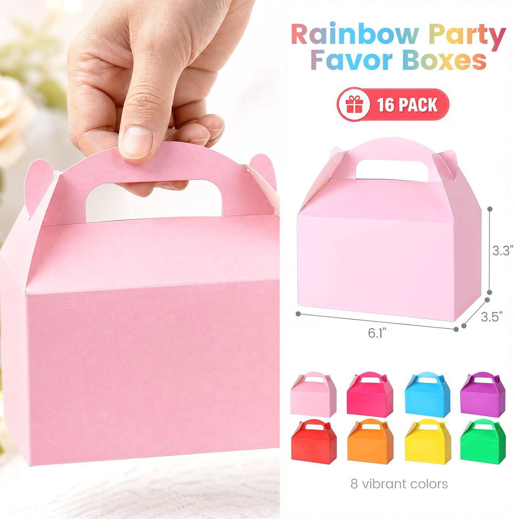 VGOODALL 16PCS Gable Treat Boxes Goodie Bags, 6.1 × 3.5 × 3.3 inch Colorful Paper Gift Boxes for Kids Snacks, Candy, Toys, Birthday Party, Wedding