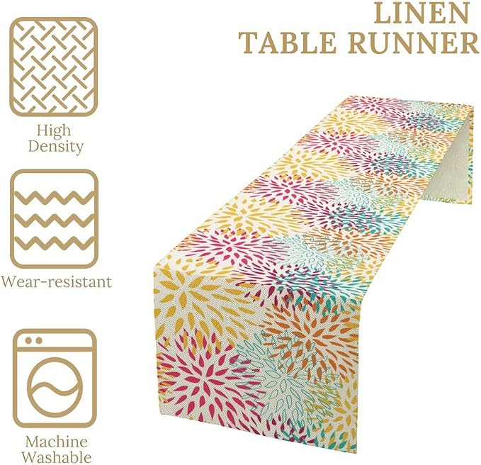 Abstract Flowers Table Runner, Chrysanthemum Dahlia Vintage Modern Colorful Spring Summer Elegant Table Runner for Party Kitchen Dining Living Room Laundry Room Decor, 13x70 Inch