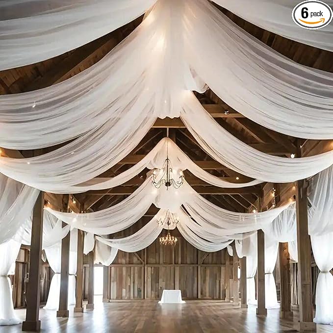 DUOBAO White Wedding Chiffon Ceiling 5x20FT Long Sheer Draping Fabric Photography Backdrops Soft Drapes Curtains for Weddings Arches Christmas Indoor Events, W 5' x L 20'-6 Panels, Snow
