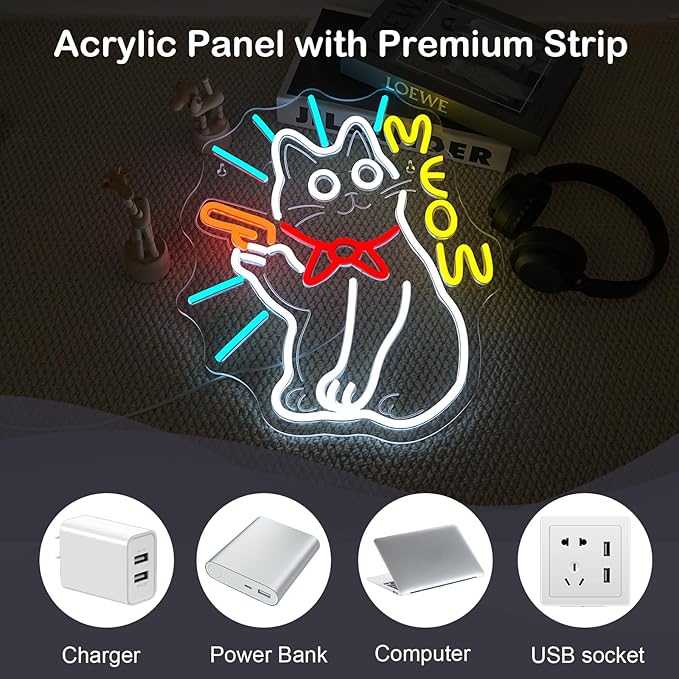 MEOW Cat Neon Sign, Cute LED Wall Light for Bedroom, Game Room, Bar, Cat Lovers Gift, USB Powered, Dimmable