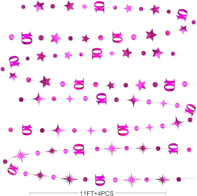 Hot Pink 10th Birthday Decorations Number 10 Circle Dot Twinkle Star Garland Metallic Hanging Streamer Banner Backdrop for Girls Double Digits Ten Year Old Birthday 10th Anniversary Party Supplies