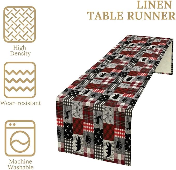 Rustic Farm Table Runner,Vintage Woodland Deer Bear Animal Buffalo Plaid Print Tablecloth Burlap for Hotel Indoors Outdoor Dining Room Kitchen Home Decor,W13X L36 in