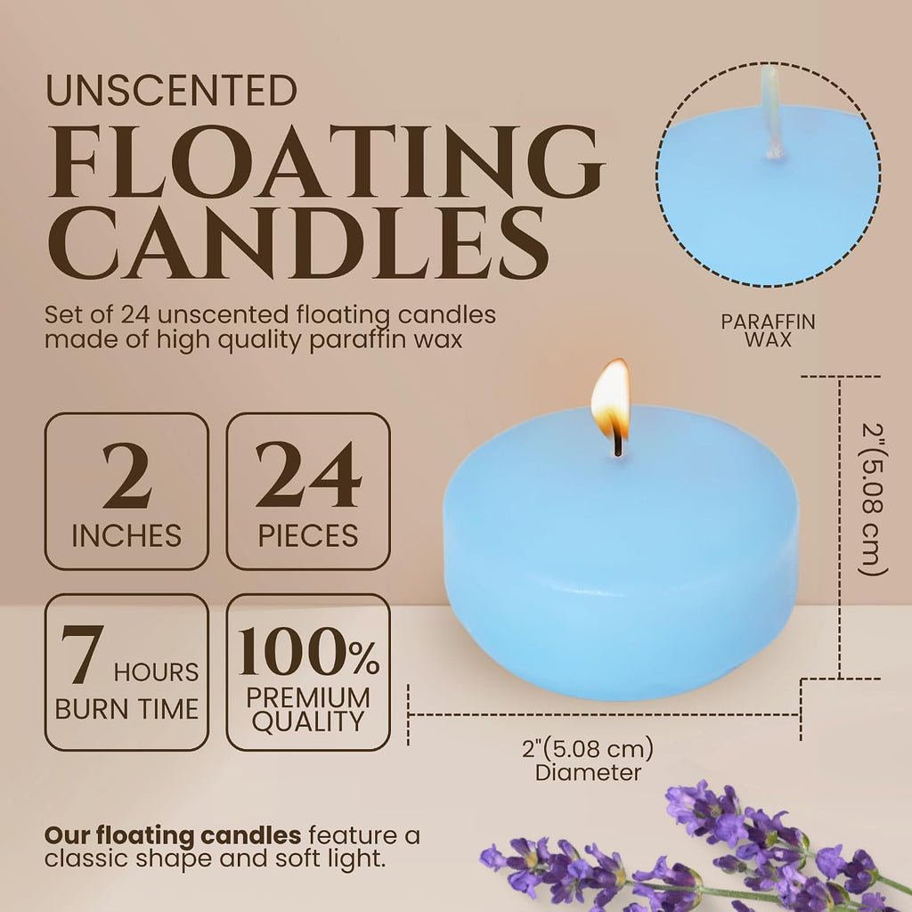 Pack of 24 - Floating Candles 2 Inch for Centerpieces - 4+Hours Paraffin Wax Cotton Wick | Dripless & Smokeless for Home Decor, Wedding Decorations, Valentine Decors, Birthday Dinners, Celebrations