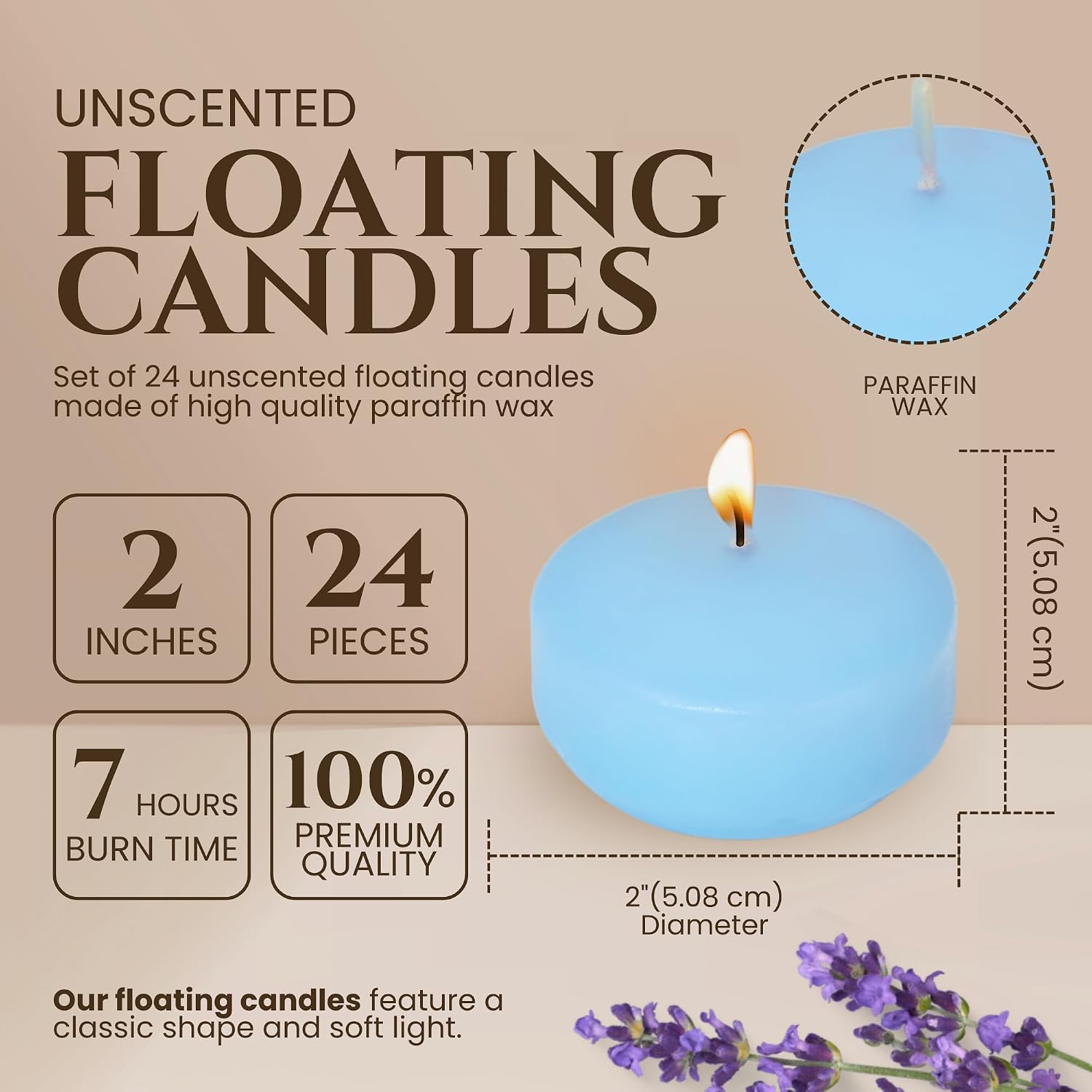 Pack of 24 - Floating Candles 2 Inch for Centerpieces - 4+Hours Paraffin Wax Cotton Wick | Dripless & Smokeless for Home Decor, Wedding Decorations, Valentine Decors, Birthday Dinners, Celebrations