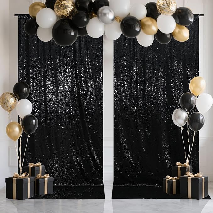 SquarePie Sequin Backdrop Curtain 8FT x 10FT Black Satin Backing Fabric Photography Background for Wedding Patry 4FT x 10FT 2 Panels
