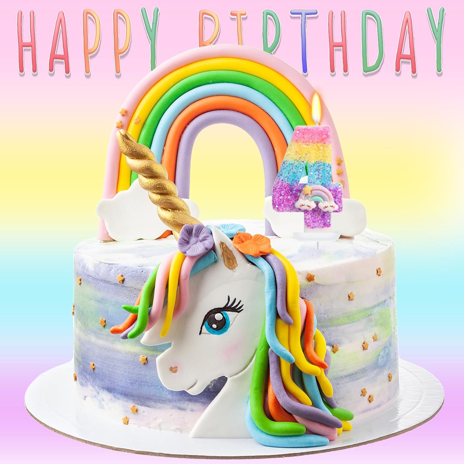 Rainbow Candles for Cakes, Number 4 Candle Rainbow Cake Topper for 4th Birthday Decorations Girl