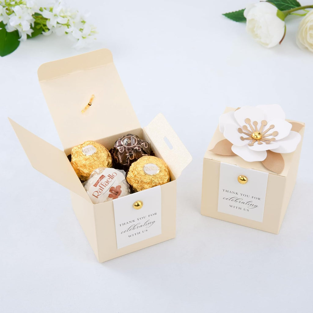 FEIYI 20 PCS Champagne Favor Boxes, 3 In 1 Candy Box with Floral Decor, White Thank You Tags Gift wrapping for Wedding Birthday Baby Shower Decorations Party -2.55x2.55x2.55 inches
