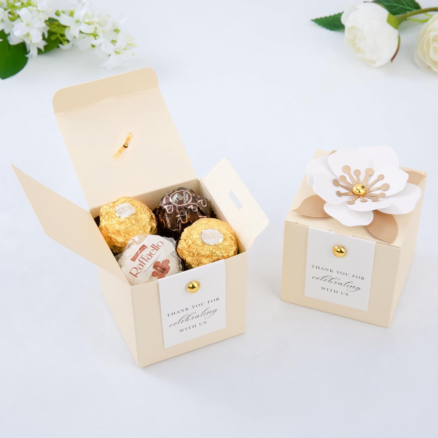 FEIYI 20 PCS Champagne Favor Boxes, 3 In 1 Candy Box with Floral Decor, White Thank You Tags Gift wrapping for Wedding Birthday Baby Shower Decorations Party -2.55x2.55x2.55 inches