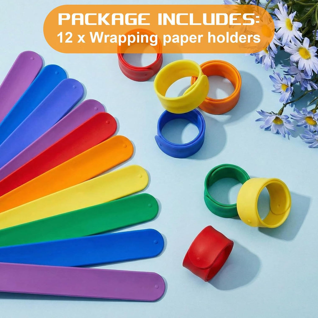 Charniol 12 Pieces Wrapping Paper Roll Holder Holiday Flip Wraps Silicone Covered Metal Strips Flip 1 x 9 Inch Stabilizer Slap Band for Poster Gift Paper Vinyl Storage Organize (Rainbow Color)