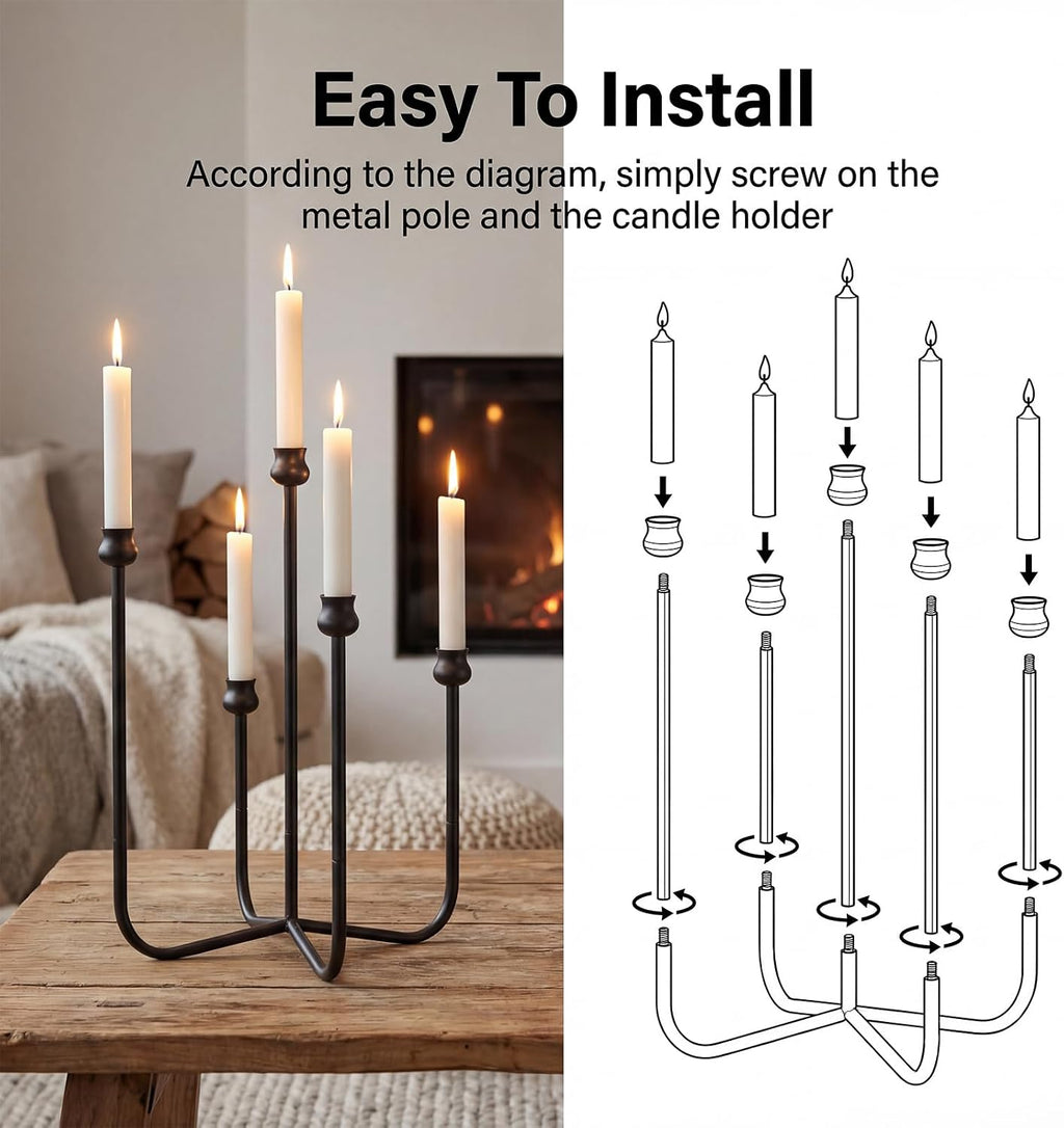 5-Candle Candelabra Candlestick Holder, 16 Inch Antique Candle Holder, Black Tabletop Candles Stand for Wedding, Event, Christmas & Dining, Table Centerpiece Décor